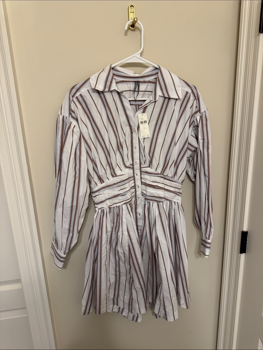 Anthropologie XS NWT Striped Button-Front Shirt Dress in White and Brown